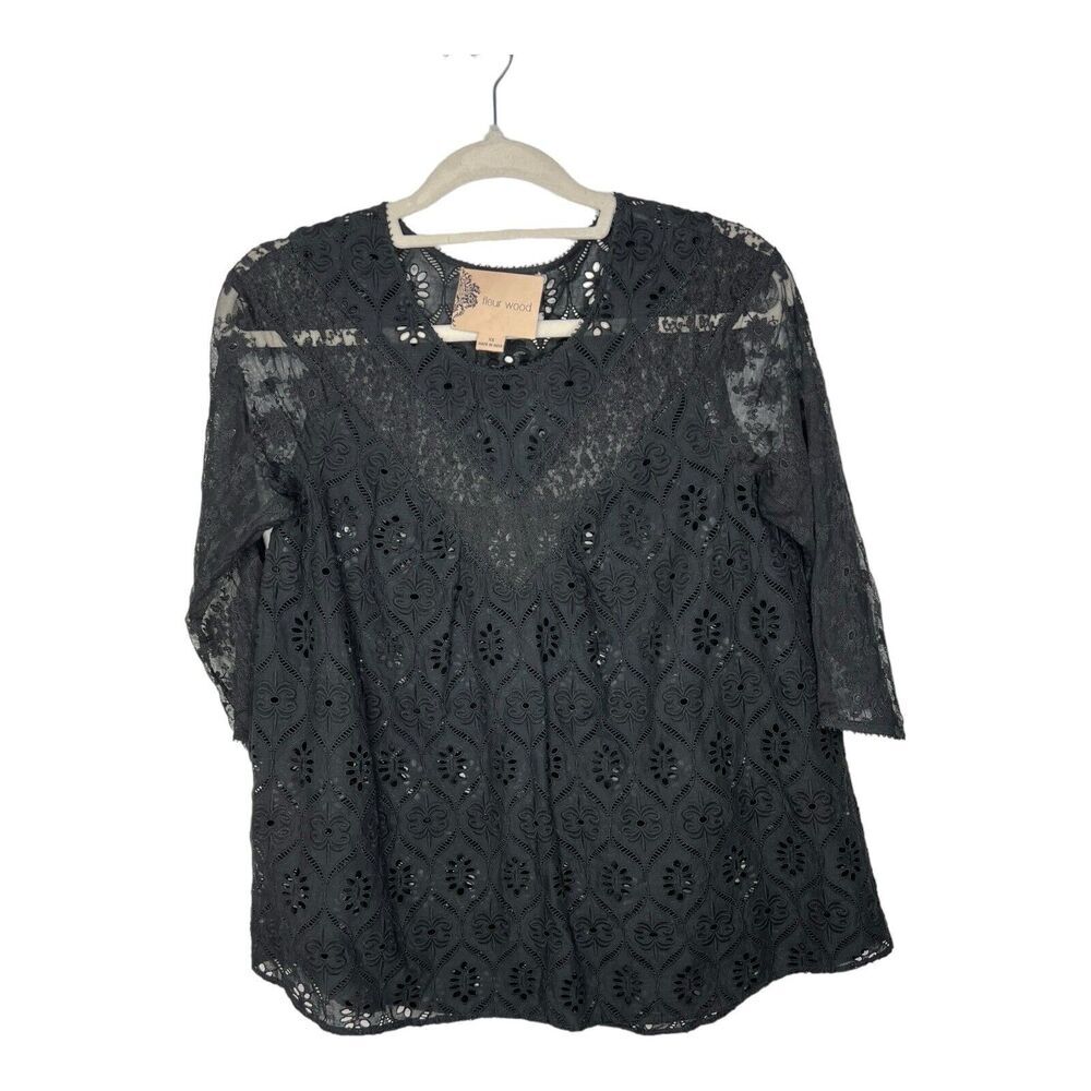 Fleur‎ Wood Blouse Womens XS Black Lace Eyelet 3/4 Sleeve Whimsigoth Sheer Mesh